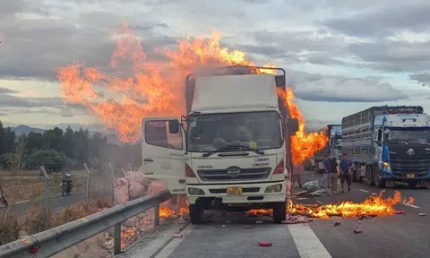 Xe tải bốc cháy dữ dội trên tuyến cao tốc Vĩnh Hảo – Phan Thiết